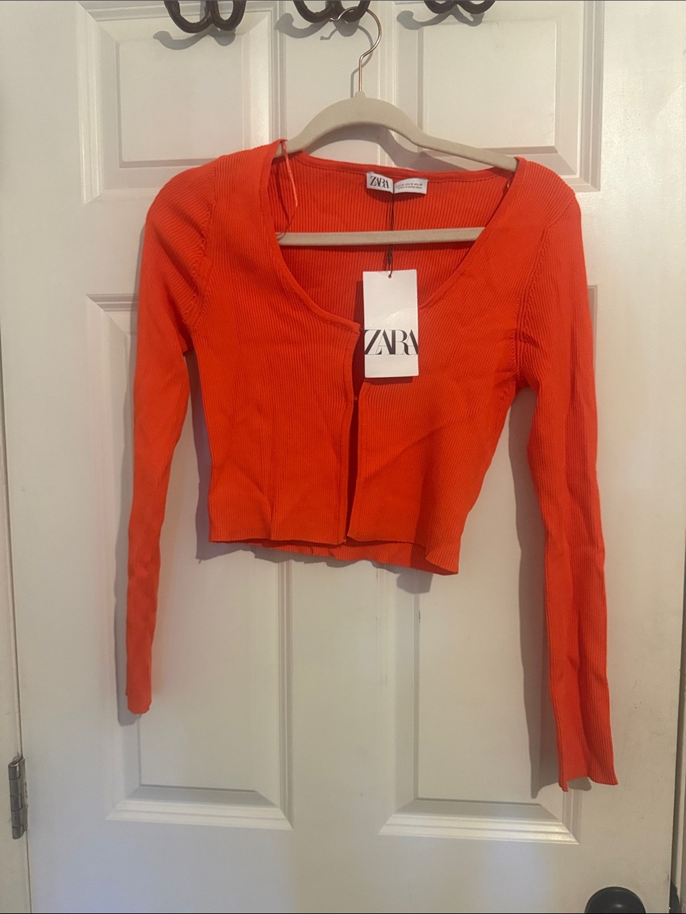 Zara Bright Orange Ribbed Scoop-Neck Cropped Long Sleeve